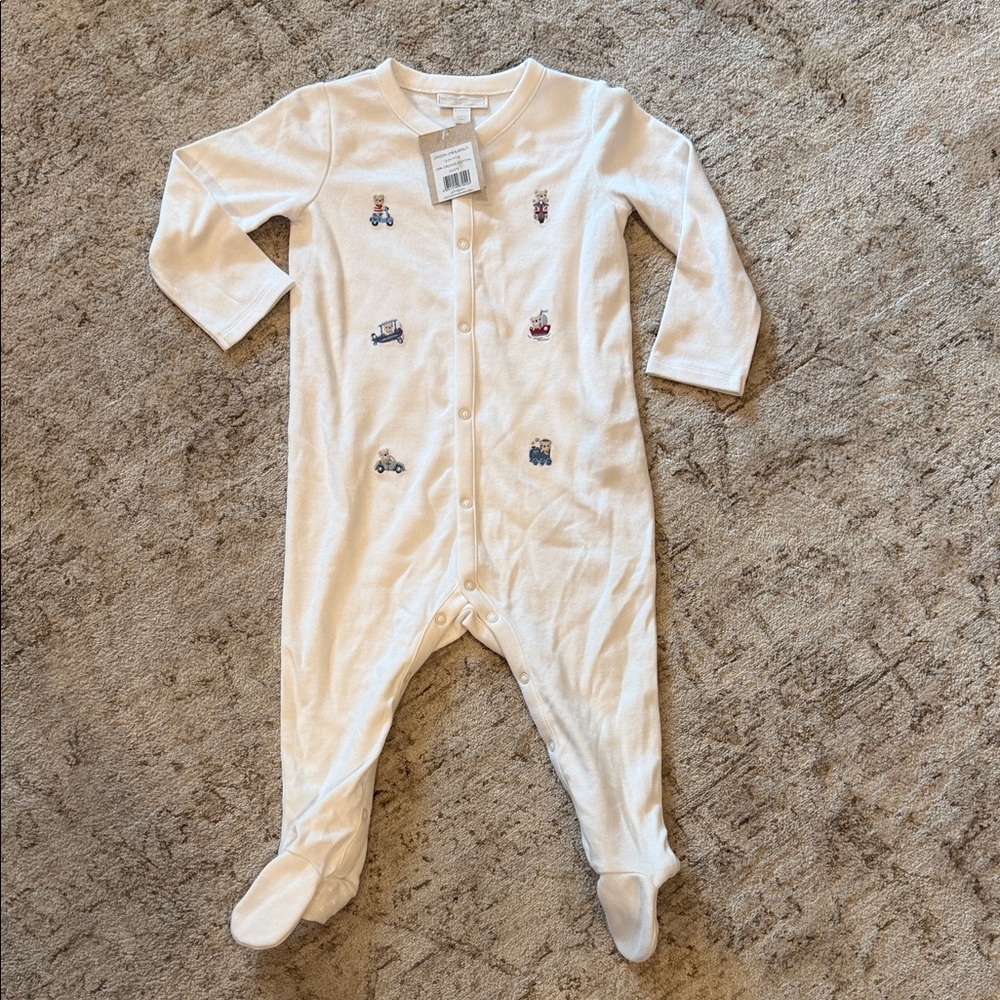Cozy White Kids Footie with Teddy Bear Embroidery